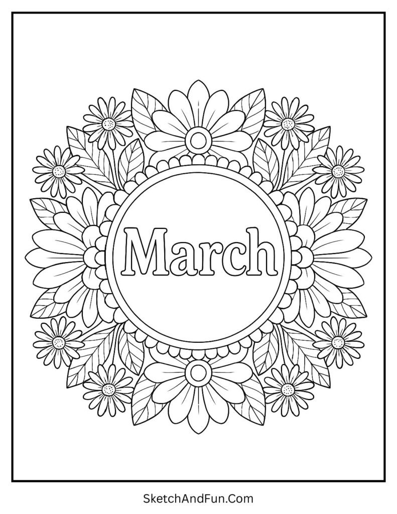 Floral mandala design shown in March coloring pages black and white for relaxing coloring