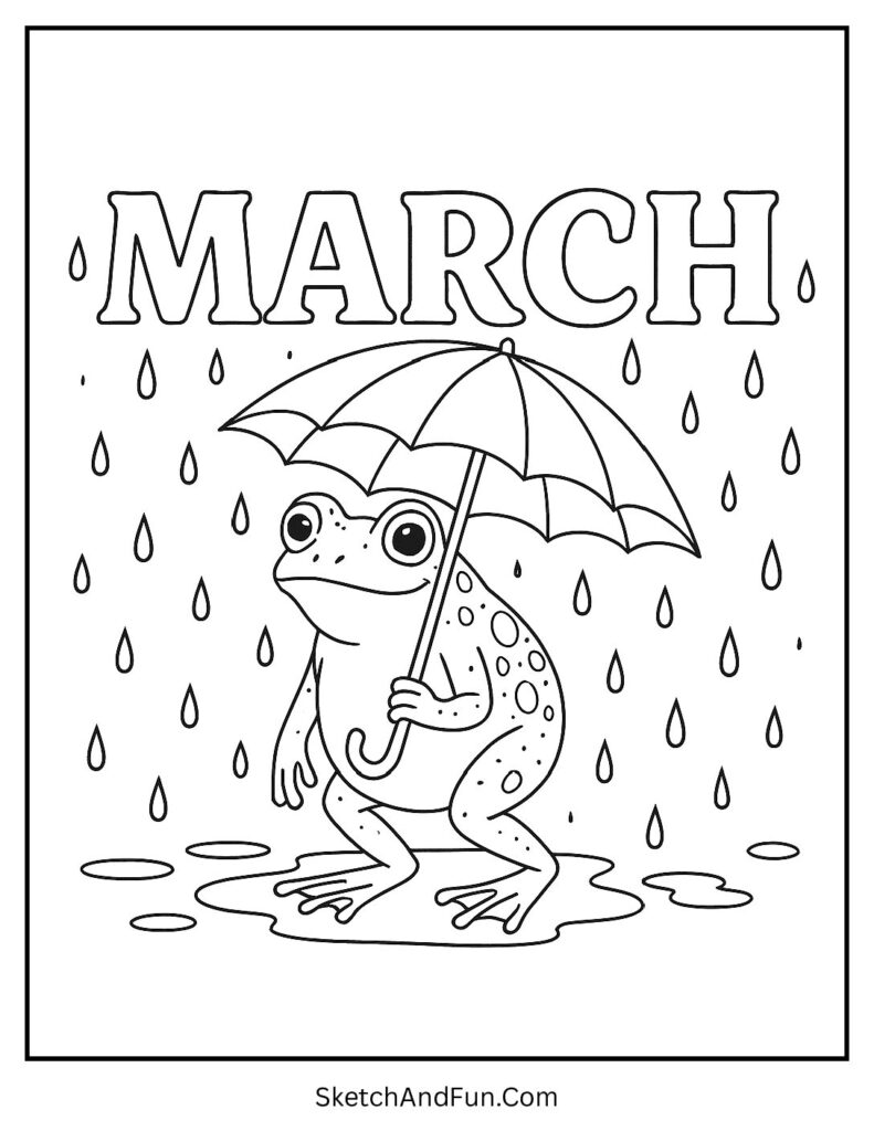 Frog with umbrella featured in March coloring pages no prep for quick use
