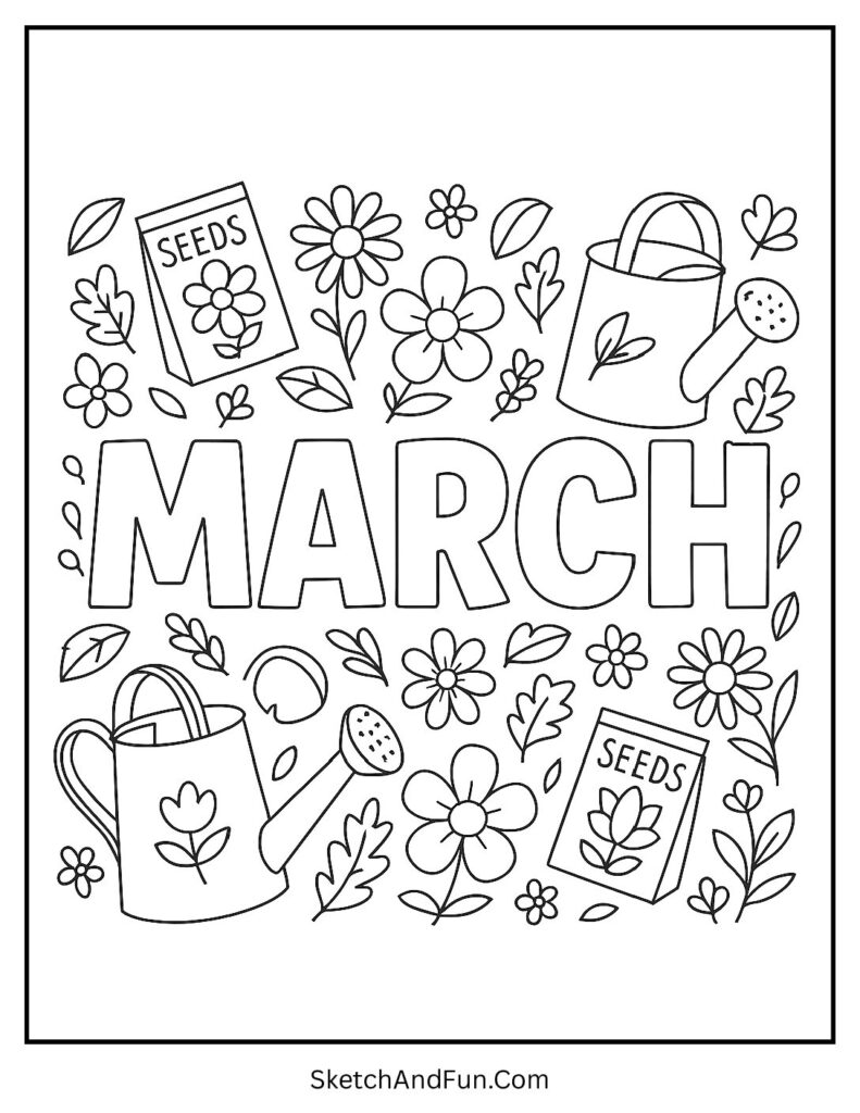 Garden tools and flowers included in Educational March coloring pages for simple learning