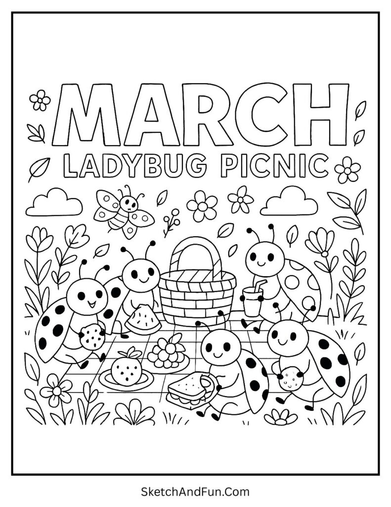 Happy ladybugs picnicking in Kids March coloring pages printable collections