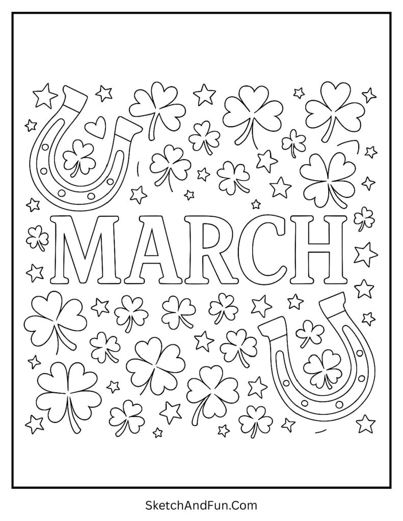 Horseshoes and clovers featured in March holiday coloring pages with lucky symbols