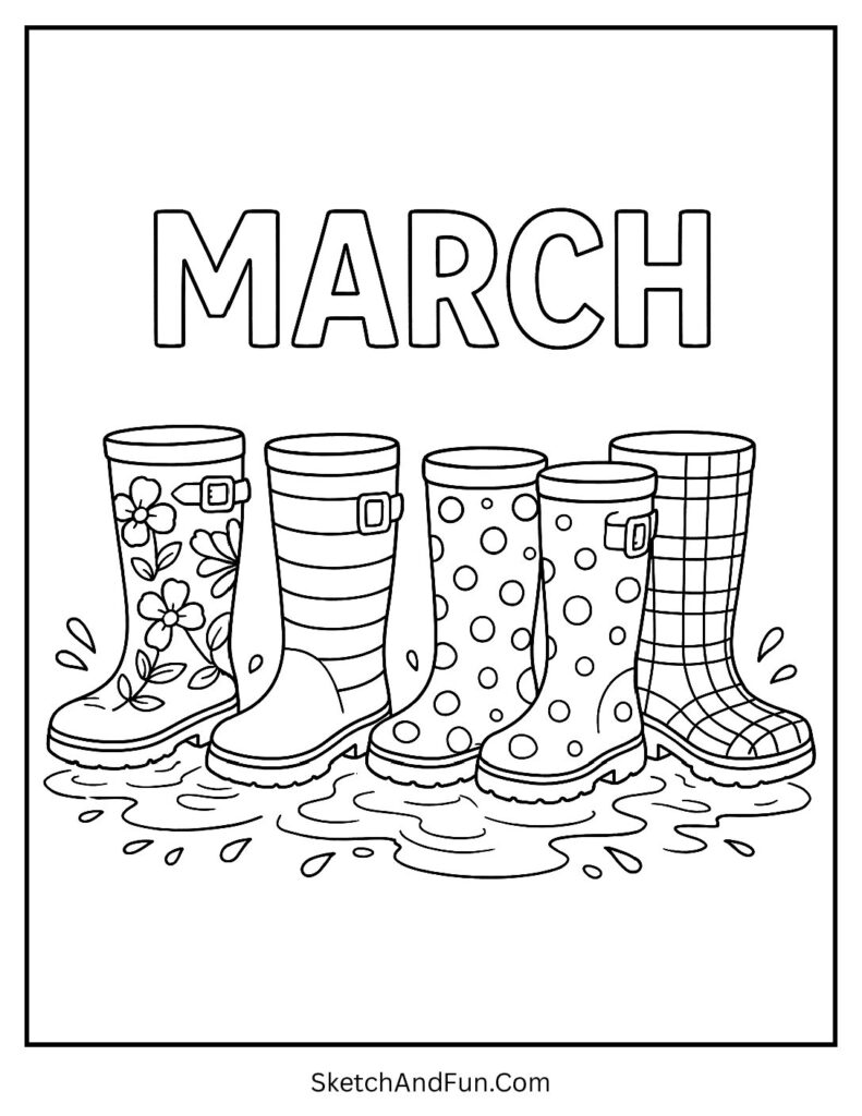 Cute rain boots splashing in March coloring pages fun and easy for playful coloring