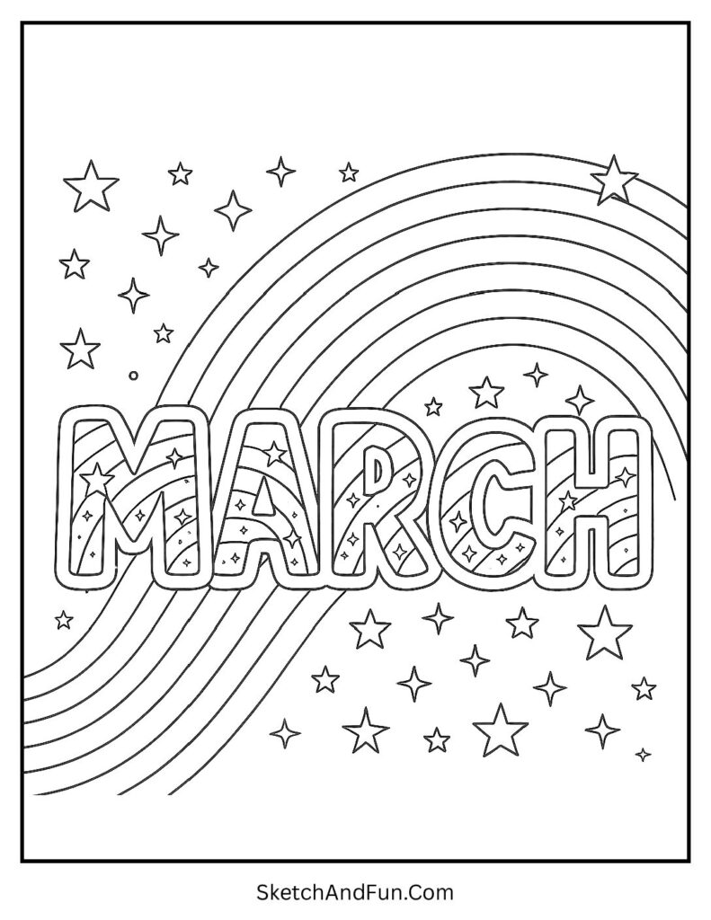 Rainbow patterns inside letters shown in Creative March coloring pages for artistic fun