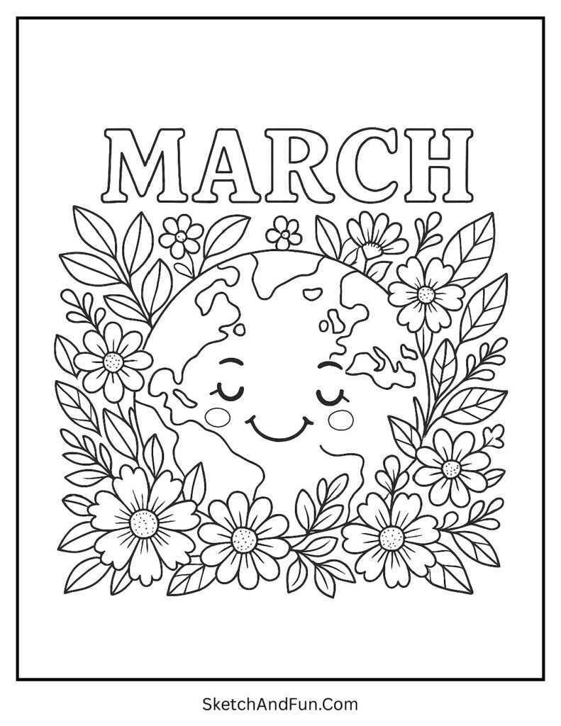 Smiling Earth and flowers shown in March month coloring pages with seasonal themes