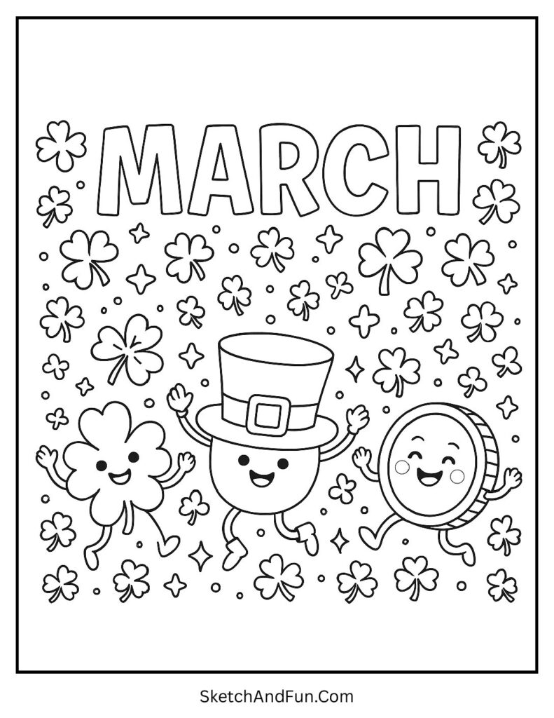 Shamrocks and gold coins dancing in St Patrick’s Day March coloring pages for holiday joy