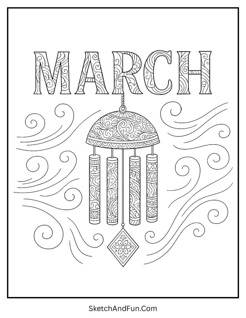 Hanging chimes and calm motion shown in Spring printable coloring pages