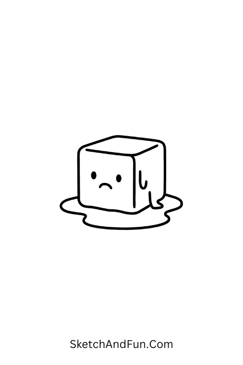 Ice cube melting into puddle, minimal yet expressive for silly doodles sketch.
