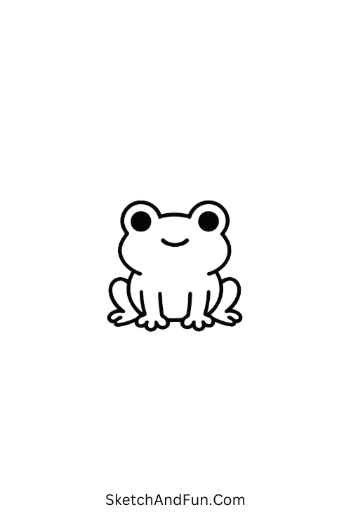 Mini frog with big eyes sitting still among kawaii doodle animals