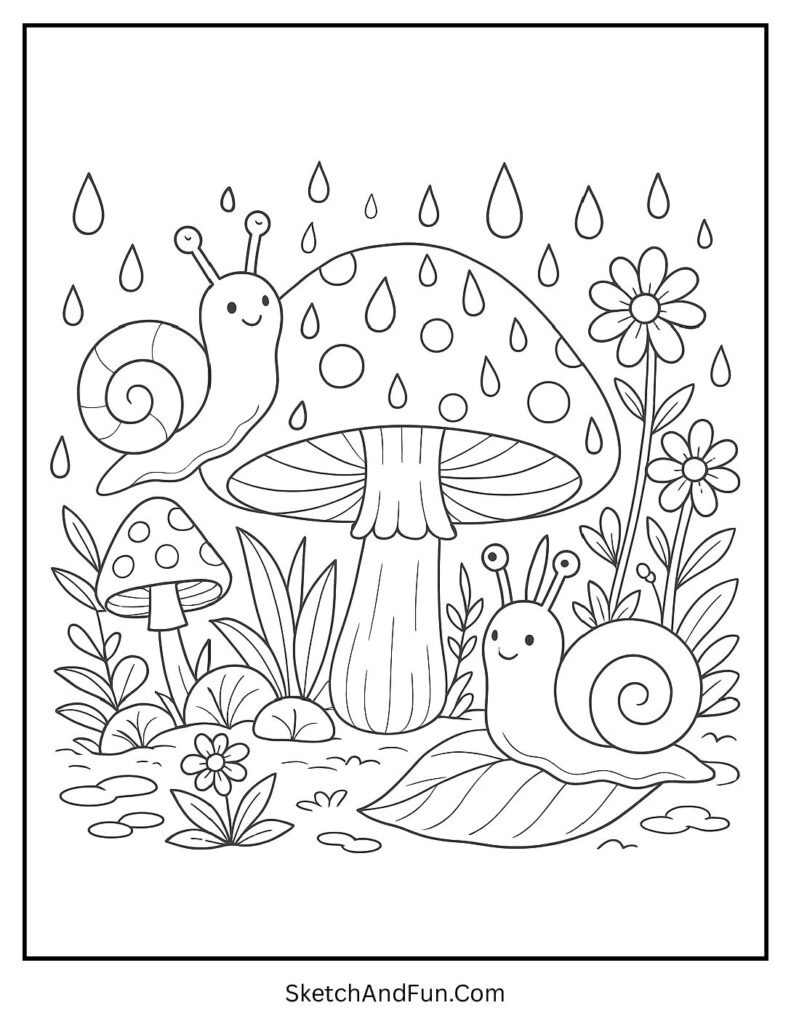 Snails and mushrooms in spring coloring pages for toddlers