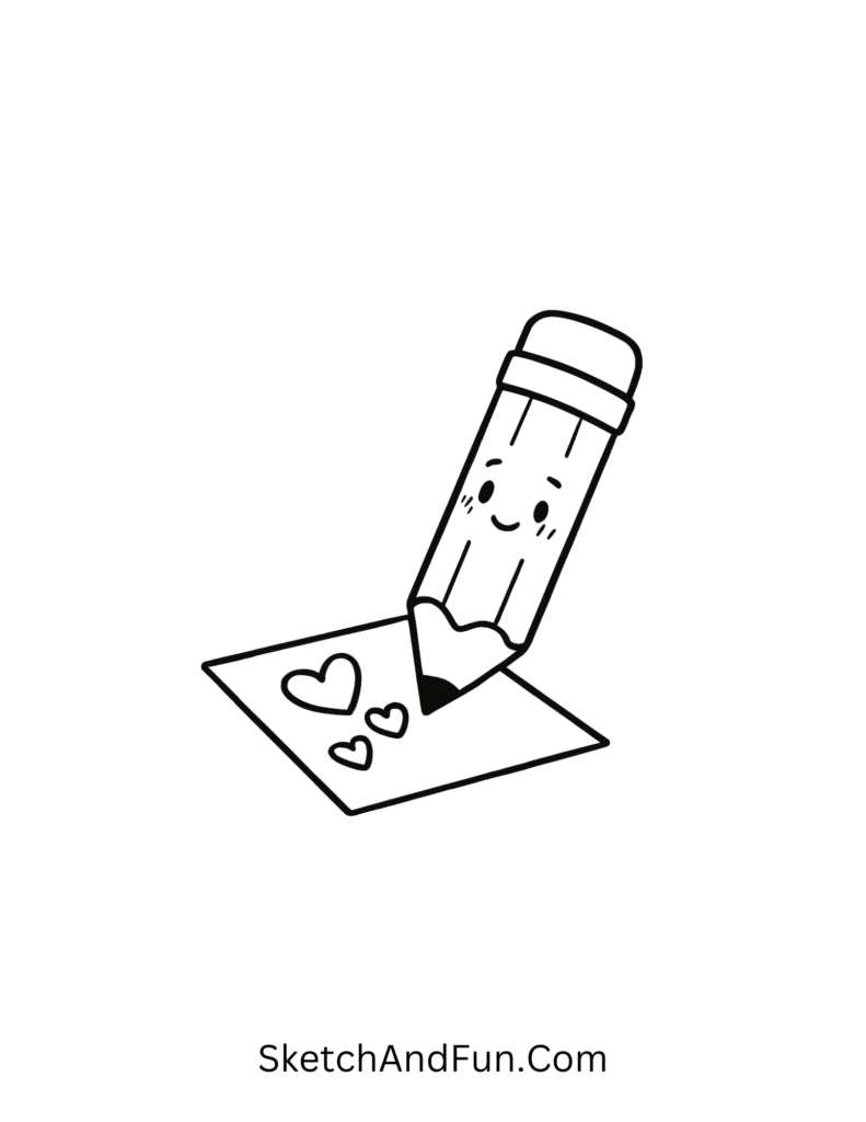 Smiling pencil writing hearts on paper, fun concept for February doodles for students