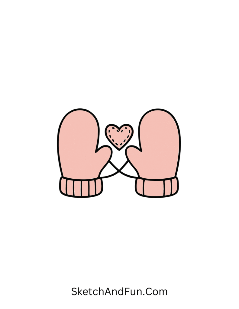 Pink mittens holding hands with stitched heart, soft shapes for February doodles for beginners