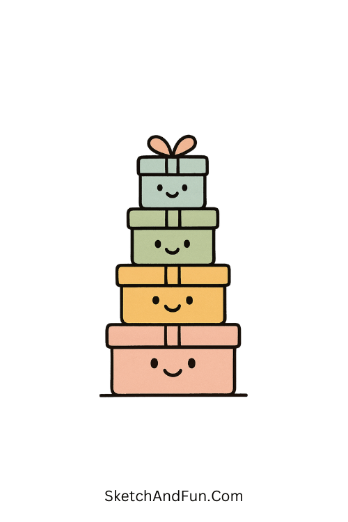 Tower of colorful gifts stacked happily in happy birthday doodles free designs