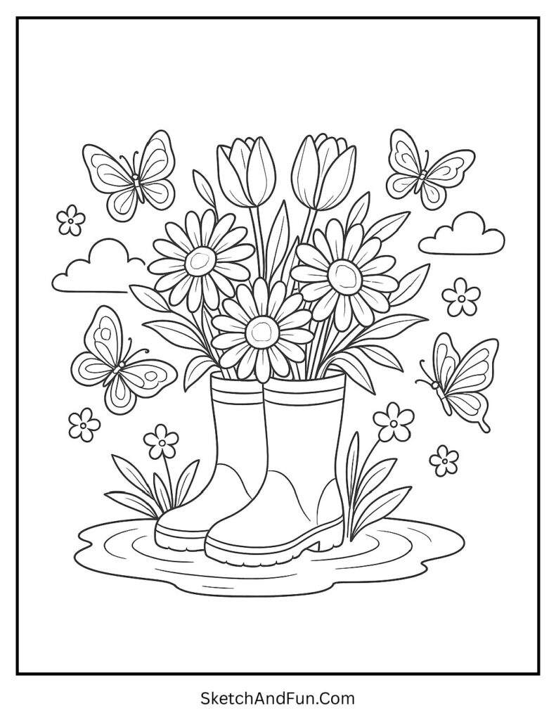 Rain boots with flowers in cute spring coloring pages for kids