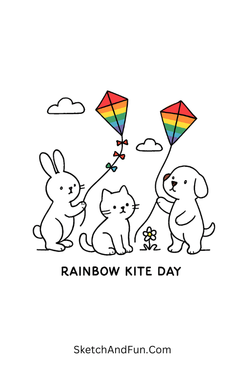 Animals flying colorful kites under a soft sky for spring drawing prompts