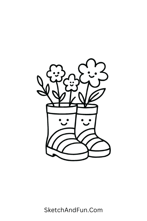 Happy rain boots filled with flowers for simple spring drawing ideas