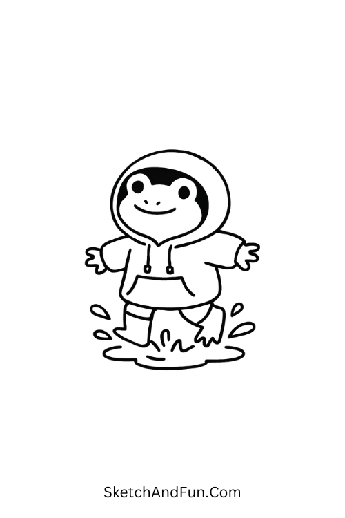 Frog in an oversized hoodie splashing in puddles for spring themed doodles