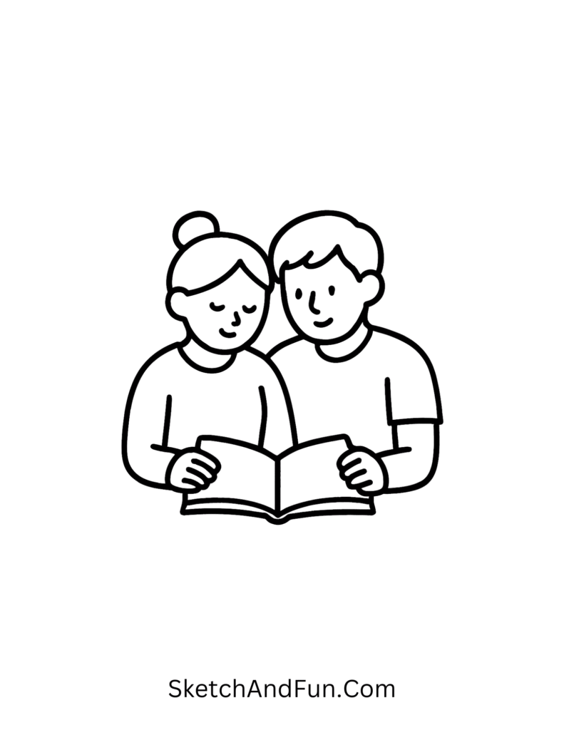 Reading one book together in cute couple doodles sketch