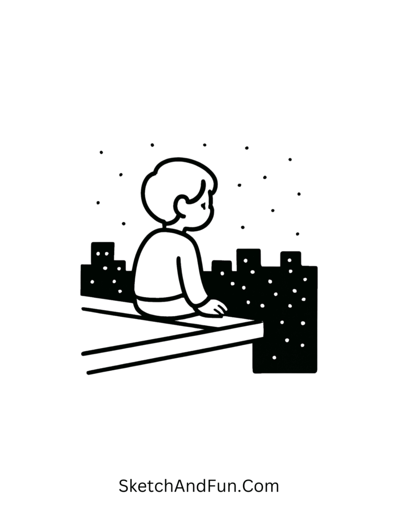 Rooftop sitting with city lights in cute couple sketches