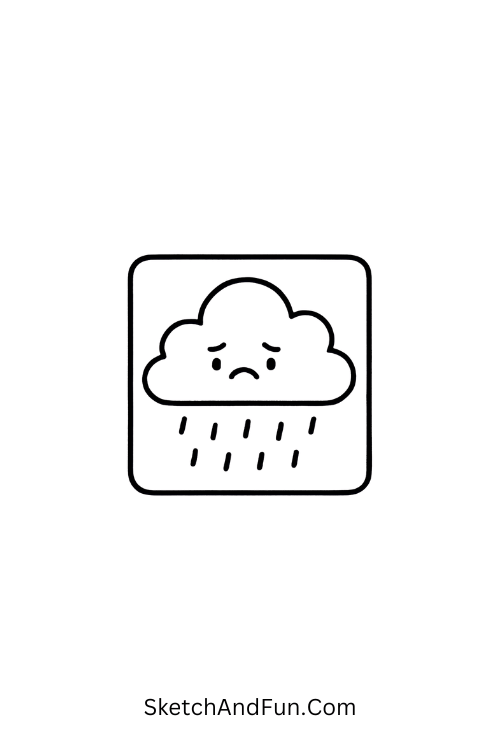 Small cloud trapped in a box lightly raining, ideal for cute silly doodles charm.