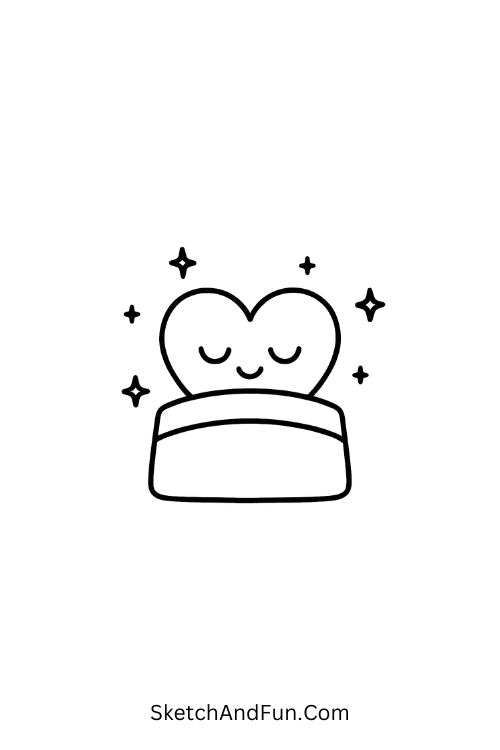 Sleeping heart with stars, peaceful night scene heart doodle coloring page