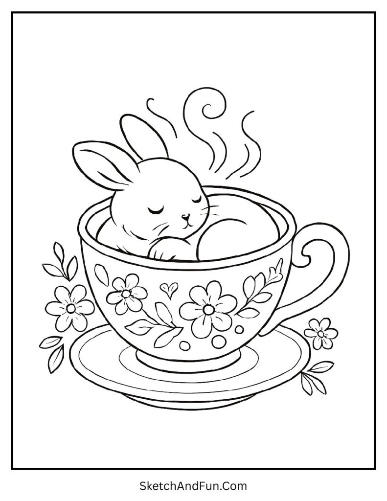 Sleepy bunny curled in a teacup with cozy details from bunny coloring pages aesthetic