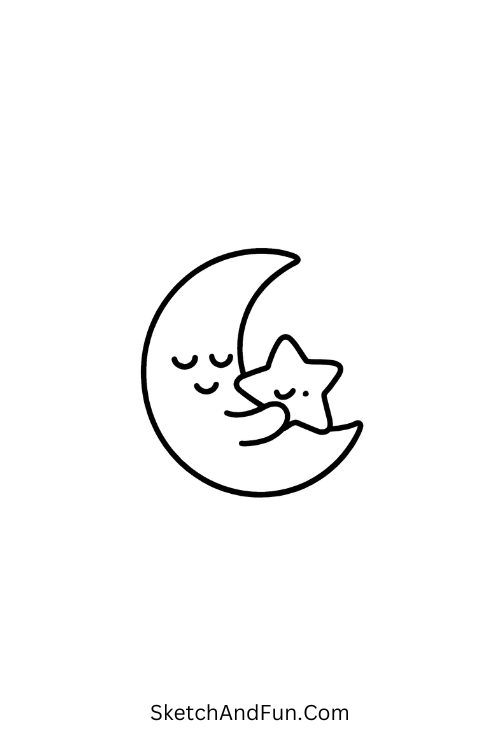 Sleepy moon hugging a star with soft shapes from aesthetic kawaii doodles