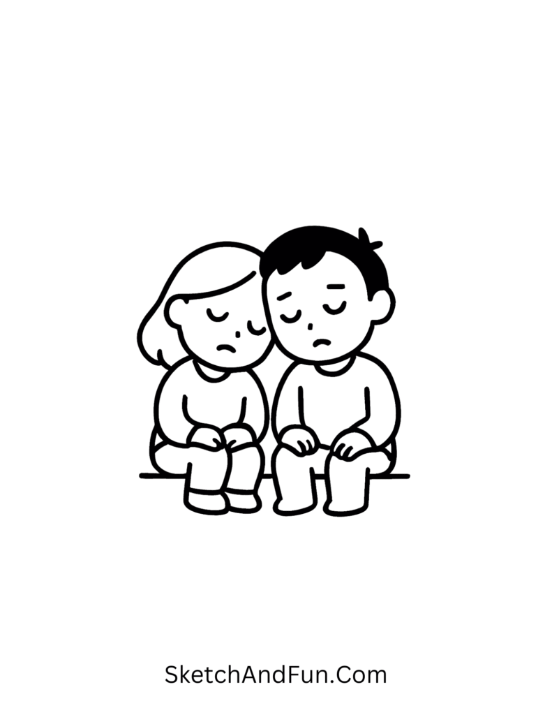 Sleepy sitting with heads together in cute couple doodles simple style