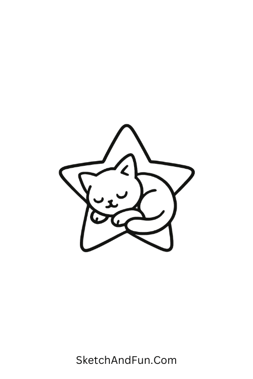 Sleepy star cat curled up softly in kawaii doodle sketches