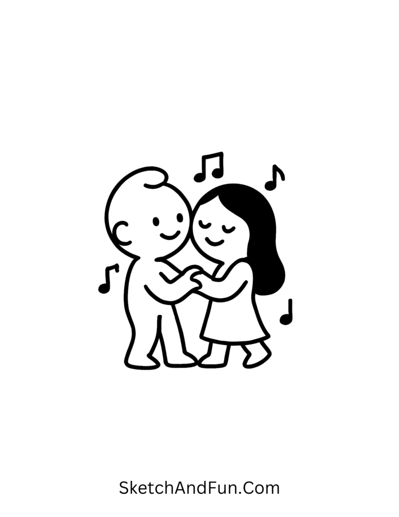 Slow dance with music notes in cute couple doodles line art