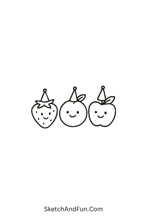 Smiling strawberries and oranges wearing hats in happy birthday doodles aesthetic