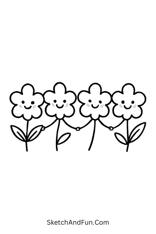Smiling flowers holding hands with rosy cheeks for spring flower drawing ideas