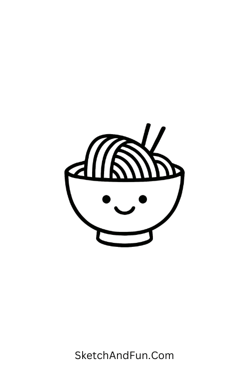 Smiling ramen bowl with noodles shown in food doodle step by step style