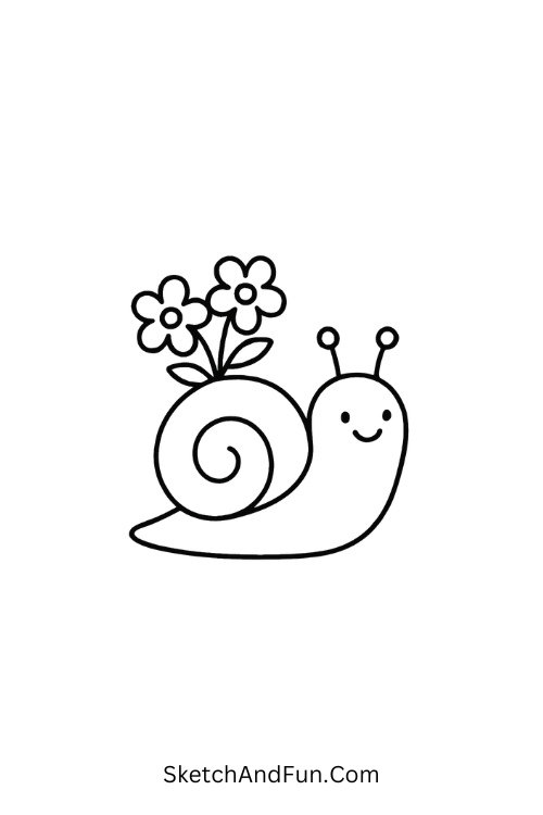 Snail carrying flowers like a backpack for spring black and white doodles