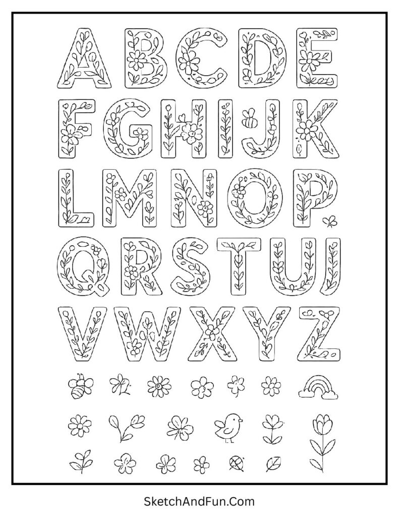Alphabet letters design in spring coloring pages classroom