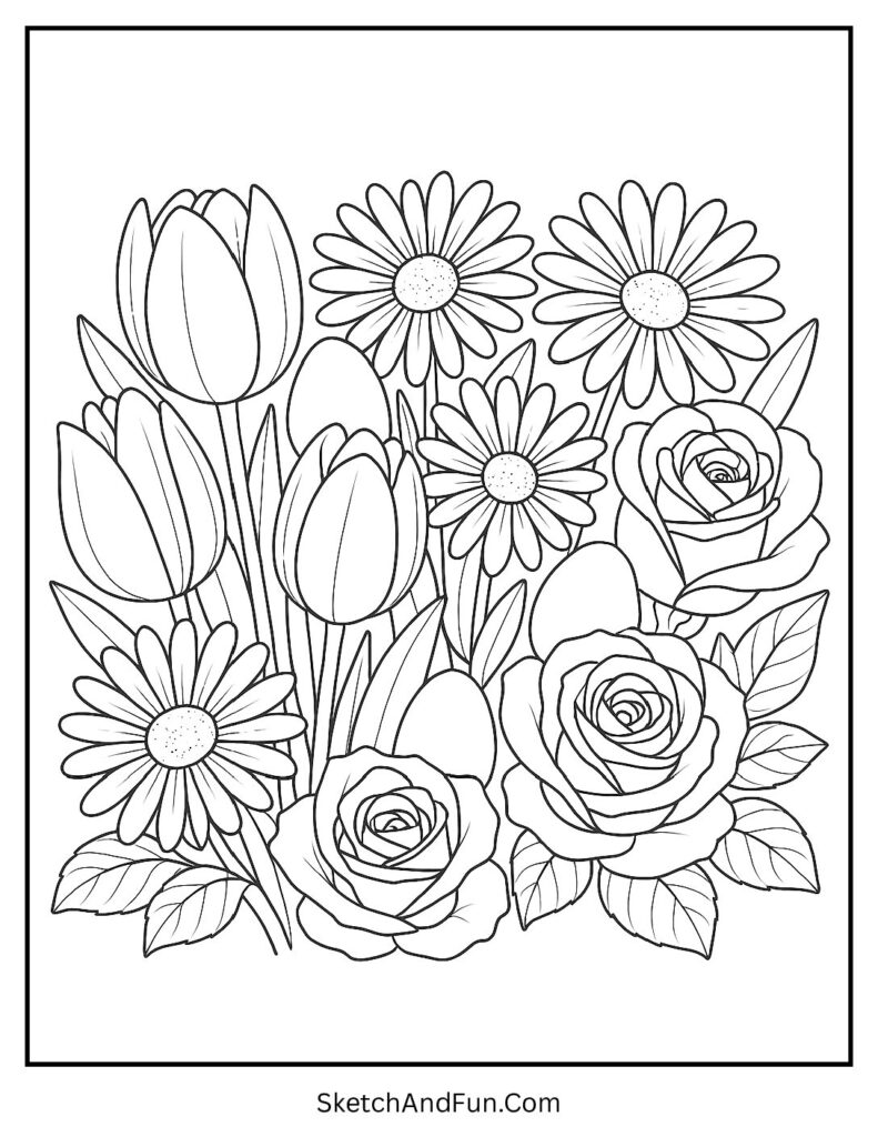 Spring flowers hiding eggs for Easter coloring pages flowers