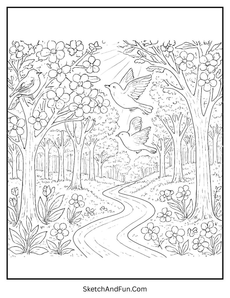 Forest trail scene in spring coloring pages relaxation