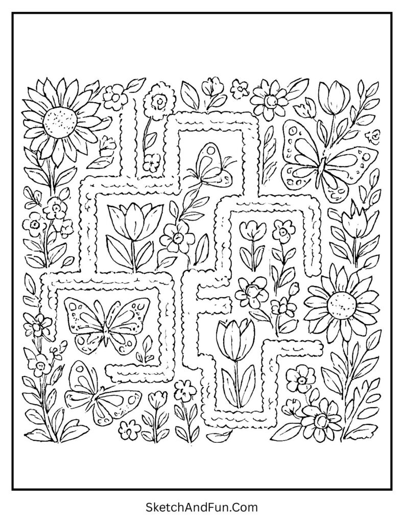 Flower hedge maze in spring coloring activities for kids