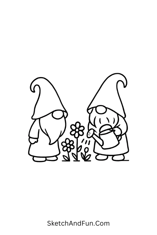 Gnomes watering flowers with oversized hats for spring creative drawing ideas