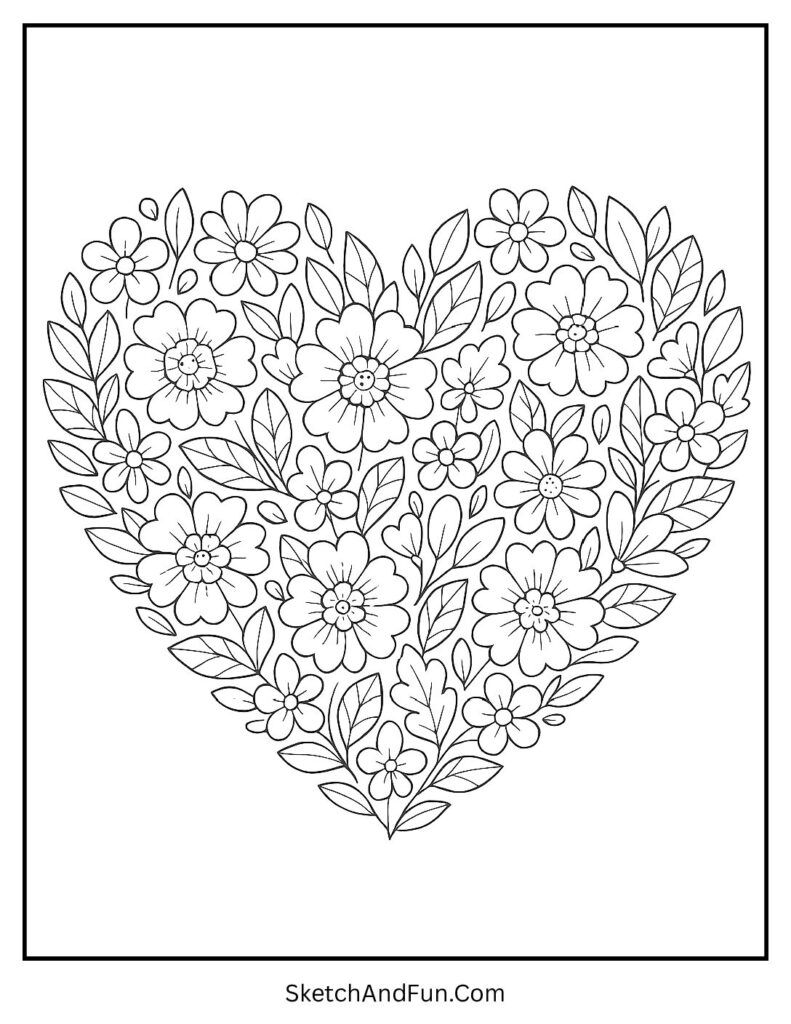 Heart made of flowers from spring coloring sheets printable