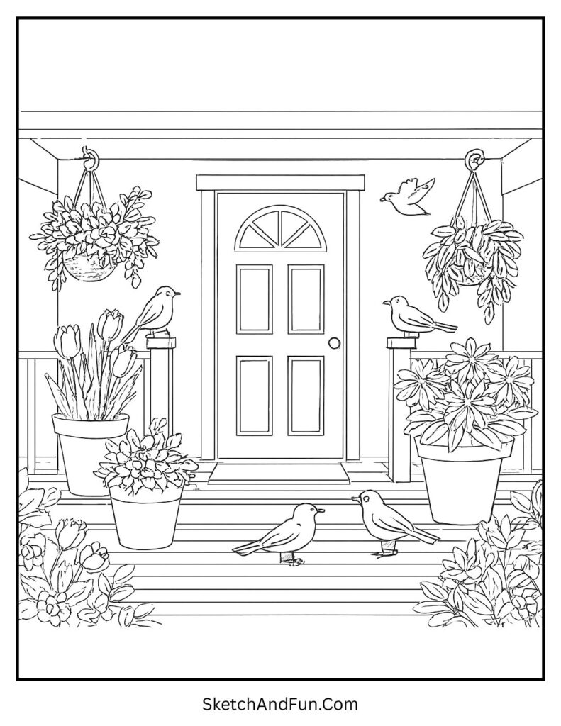 Cozy porch scene from spring coloring pages for adults