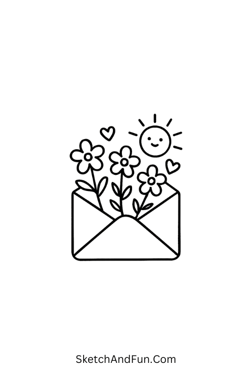 Envelope opening with flowers, hearts, and sunshine for spring drawing ideas step by step