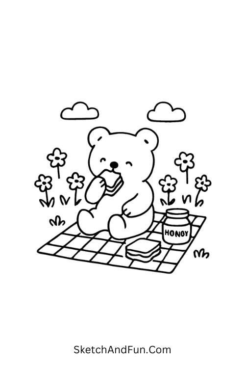 Baby bear eating honey sandwiches in a flower field for spring fun drawing ideas