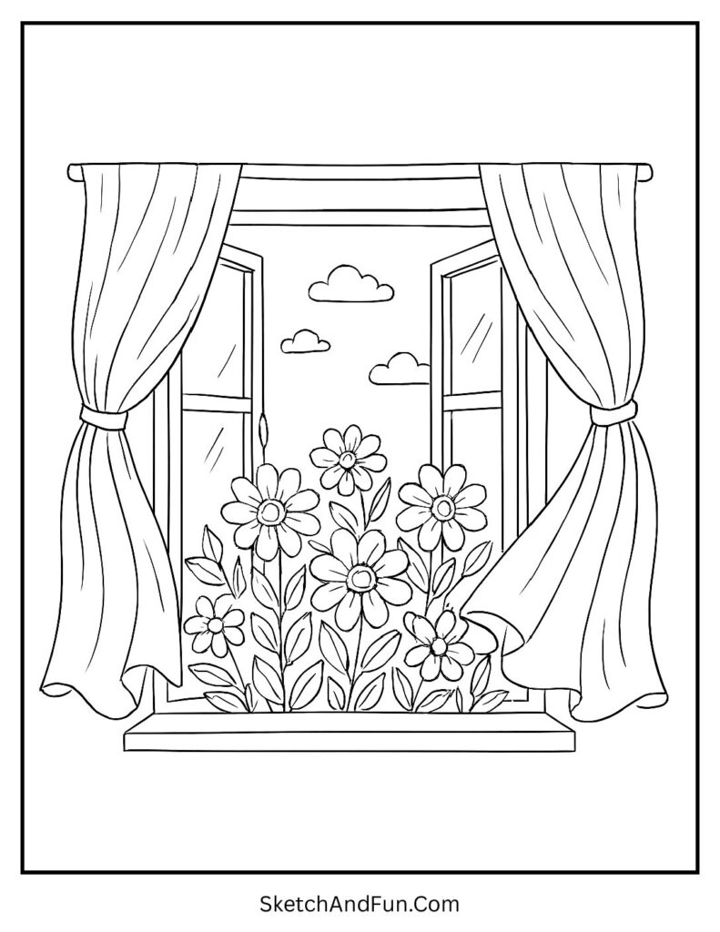 Open window floral view in spring coloring pages black and white