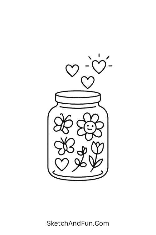 Glass jar with tiny spring symbols and glowing hearts for spring doodle drawings