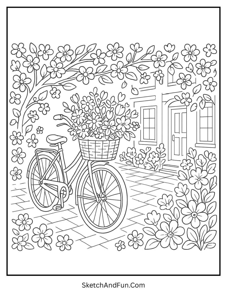 Bicycle with flower basket in spring coloring pages aesthetic style
