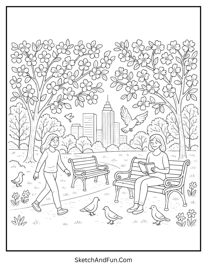 City park spring scene in spring coloring pages for homeschooling