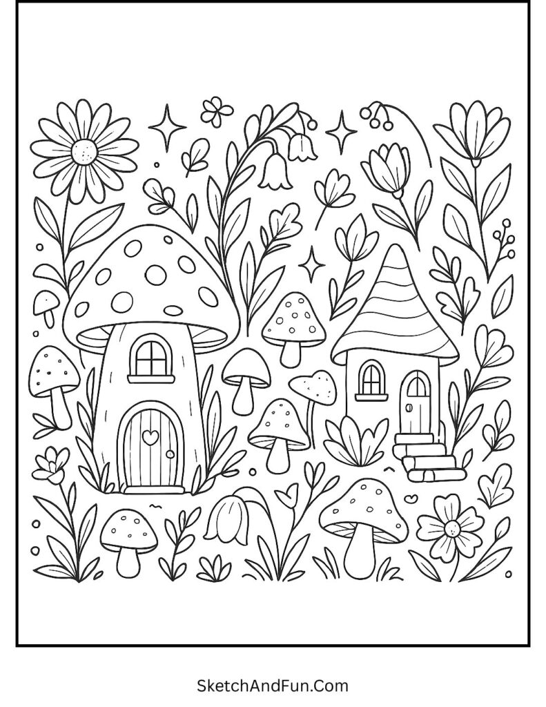 Fairy garden scene from spring coloring pages for children