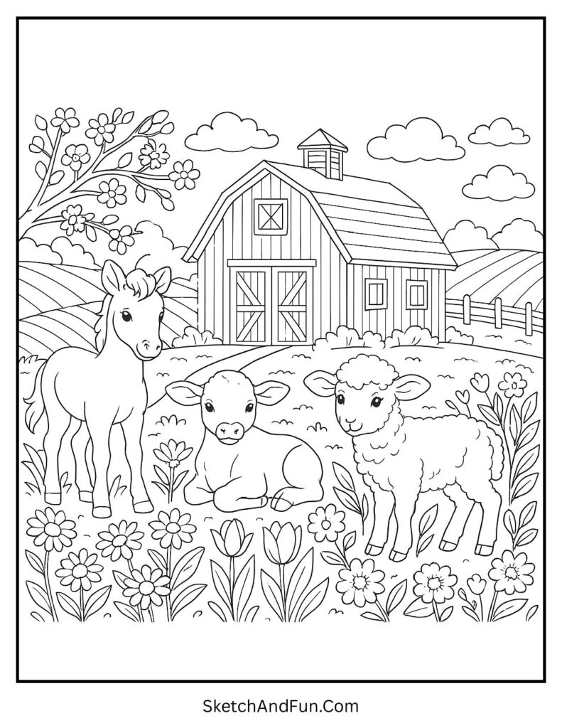 Farm animals and barn in spring coloring pages school