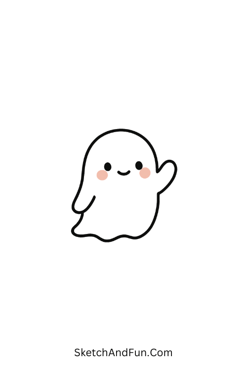 Tiny shy ghost floating softly as part of cute kawaii doodles