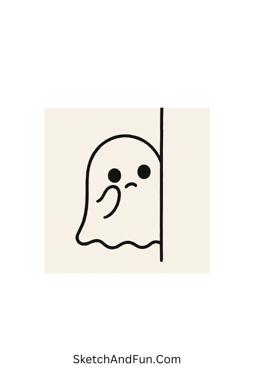 Ghost peeking nervously behind line, playful example of silly doodles for kids.
